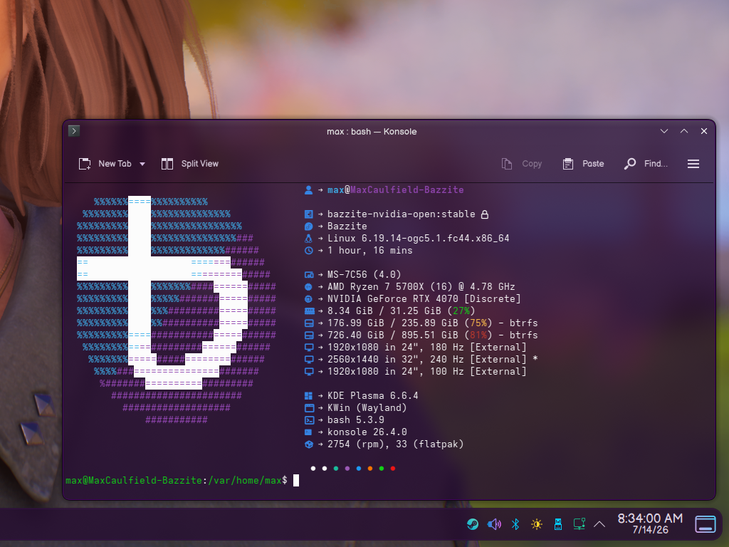 bazzite linux boşta ram kullanımı - arkada sadece steam açık.webp