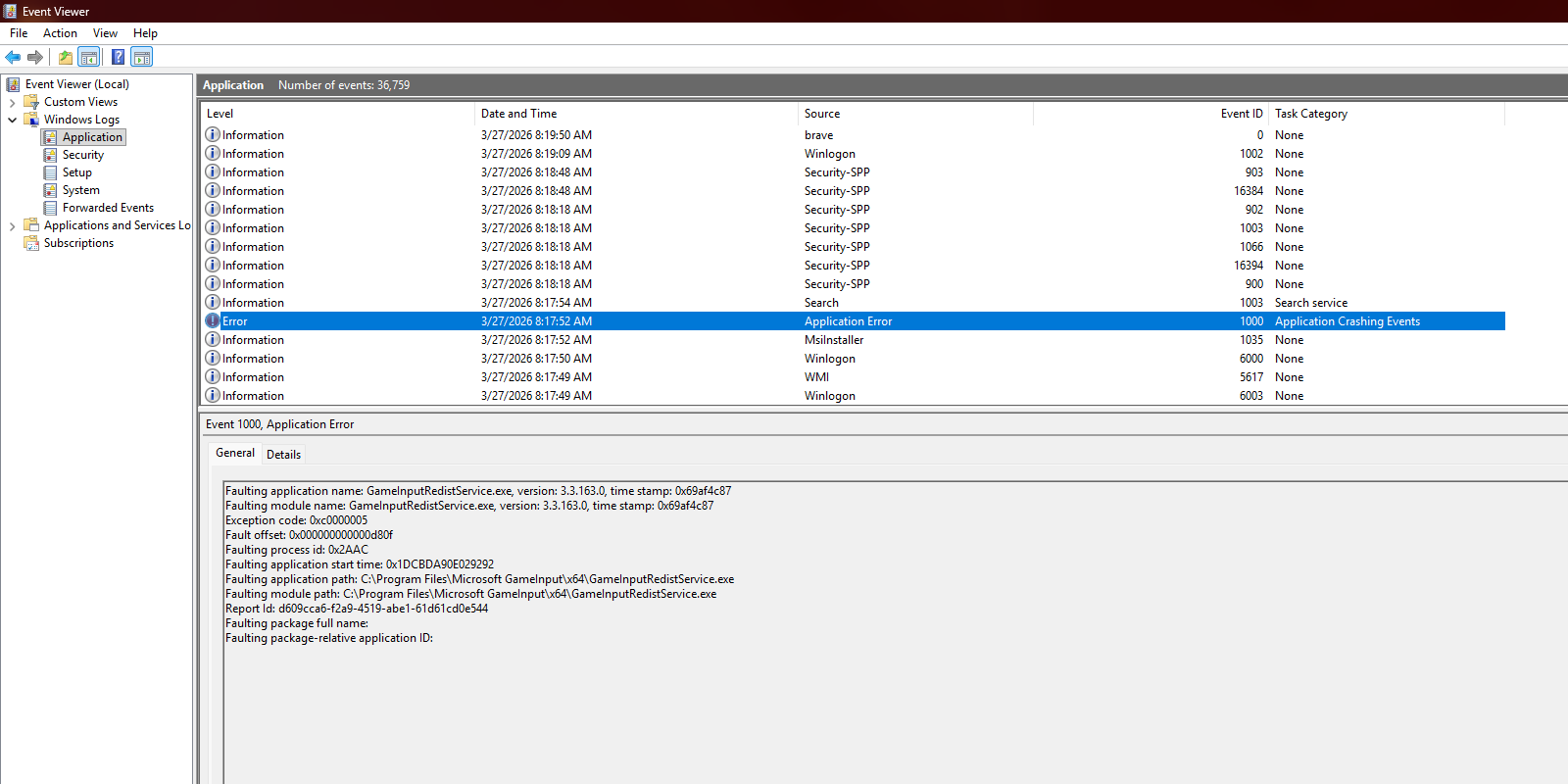 bilgisayar her açıldığında çıkan gameinput has stopped working hatası olay görüntüleyicisi.webp