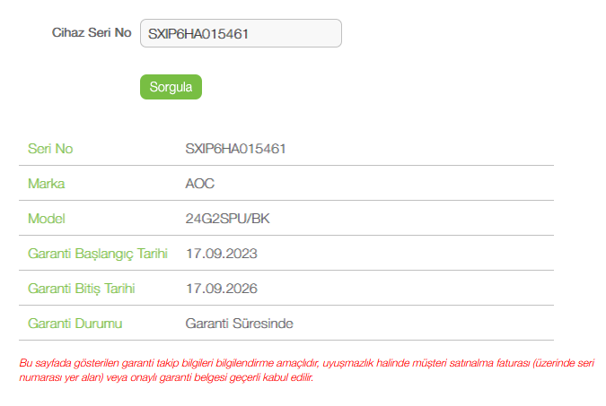 Yakın zamanda alınan başka bir monitörün seri numarası