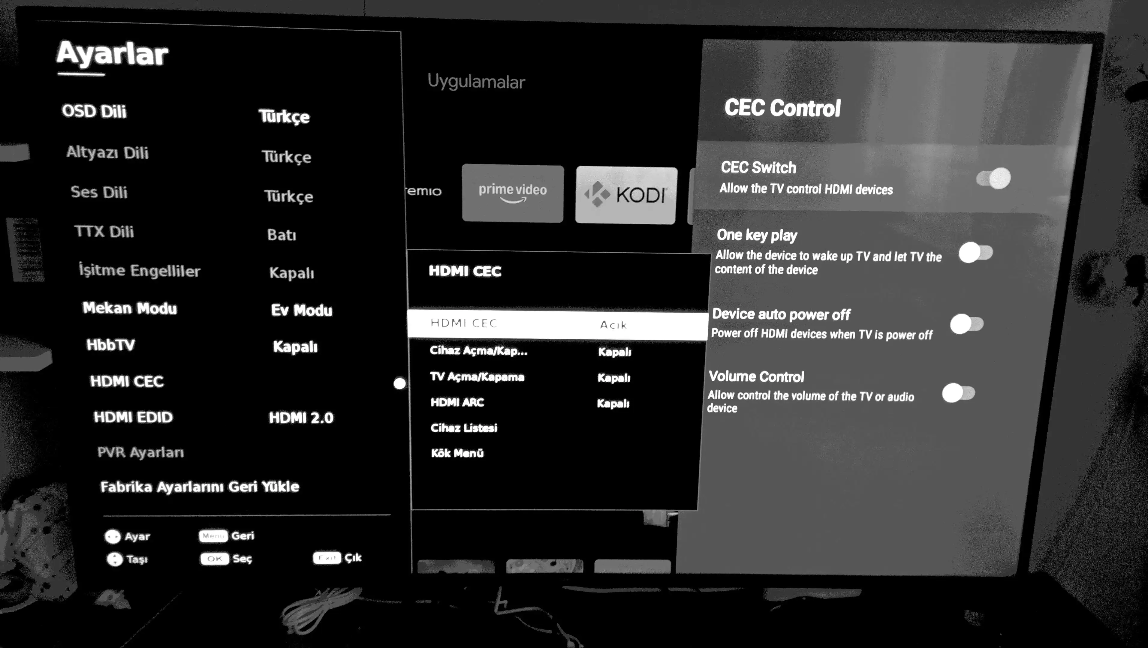 Sol taraftaki TV arazü ayarları, Sağ taraftaki de Android TV'ye ait ayarlar.