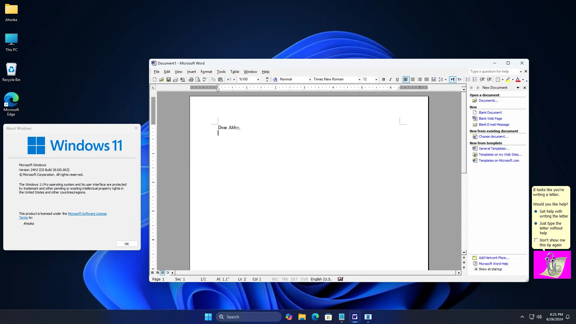 office xp - windows 11'de çalışıyor 1 - word 2002 clippit.webp