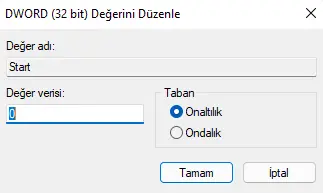 Start DWORD değerini düzenleme.webp