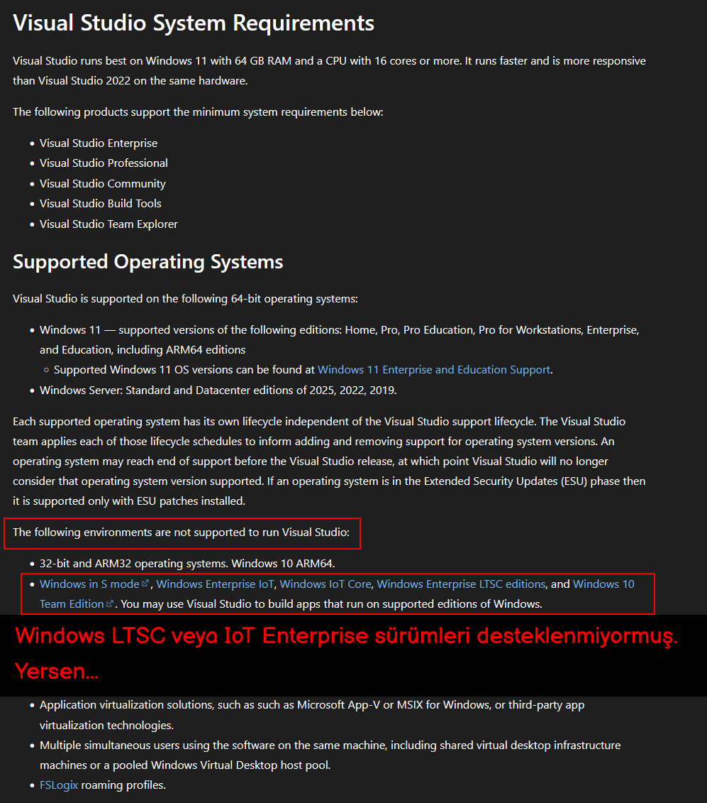 Windows 11 LTSC 2024'te Visual Studio 2026 - Microsoft çalışmadığını iddia ediyor.webp