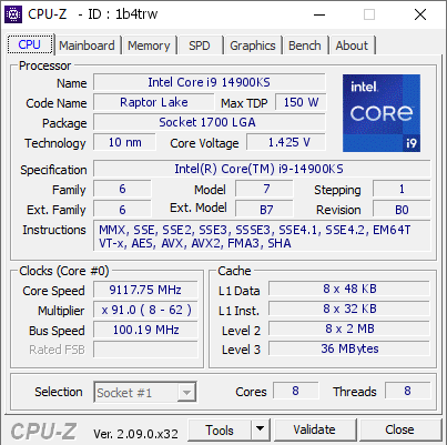 Intel Core i9-14900KS CPU-Z Raporu