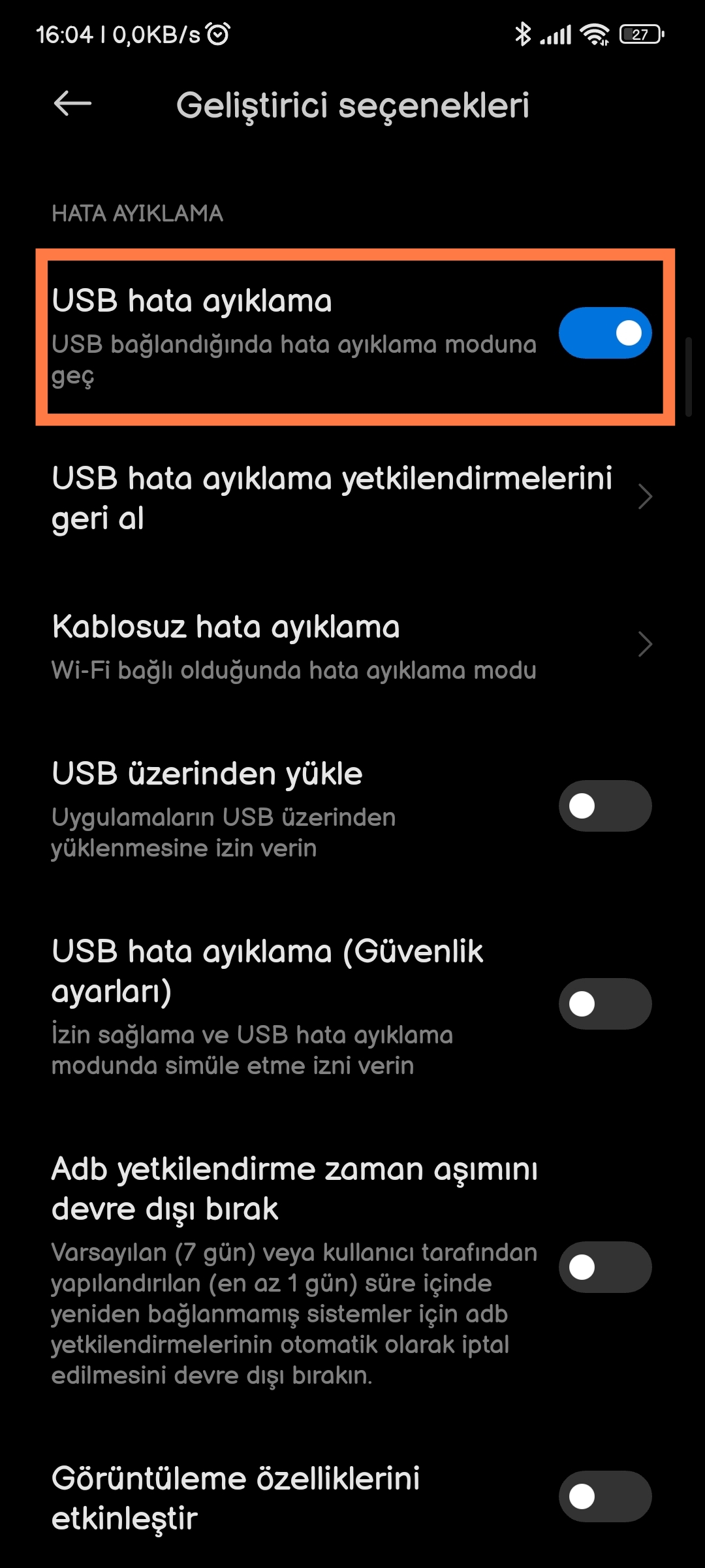 USB hata ayiklama acma