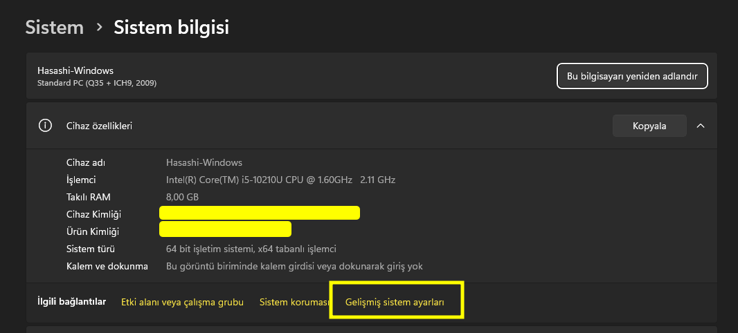 Sistem ayarlarindan gelismiş sistem ayarlarina erisme