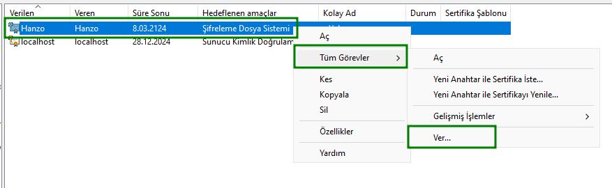 Kullanıcı Sertifikasını Dışar Aktarma Seçeneği