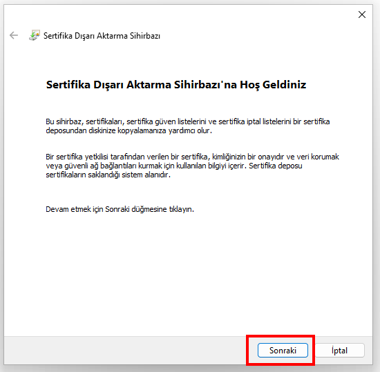 Sertifika Dışa Aktarım Sihirbazı