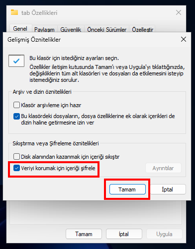 Windows Klasör Şifreleme Seçeneği