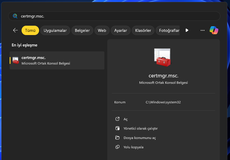 Windows Sertifika Yöneticisini Başlat