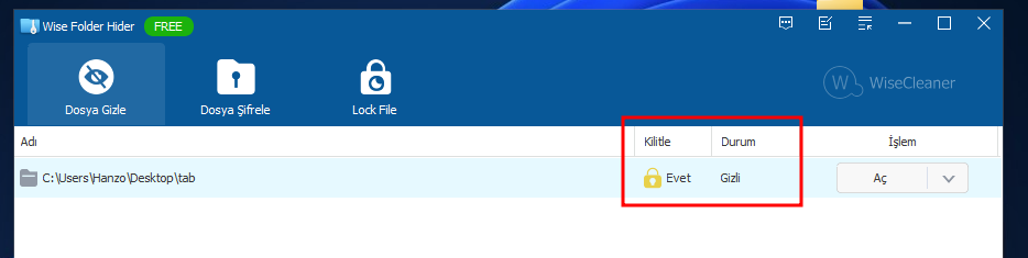 Wise Folder Hider'da Kilitleme Aktif