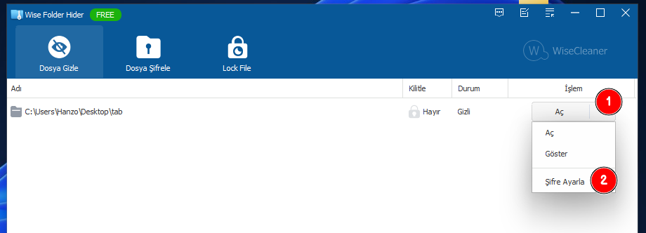 Wise Folder Hider İçerisinden Parola Belirleme Adımı