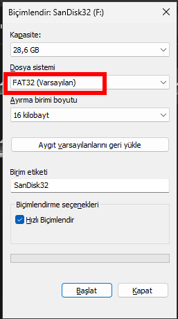 FAT32 USB Bellek