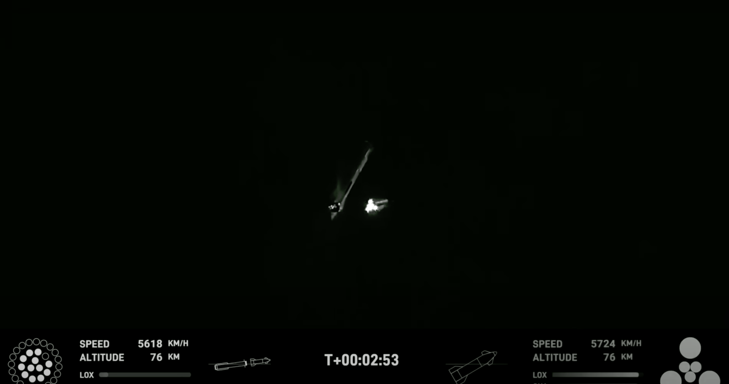 SpaceX'in Starship Super Heavy güçlendiricisi ikinci entegre test uçuşunda kademe ayrımı sırasında