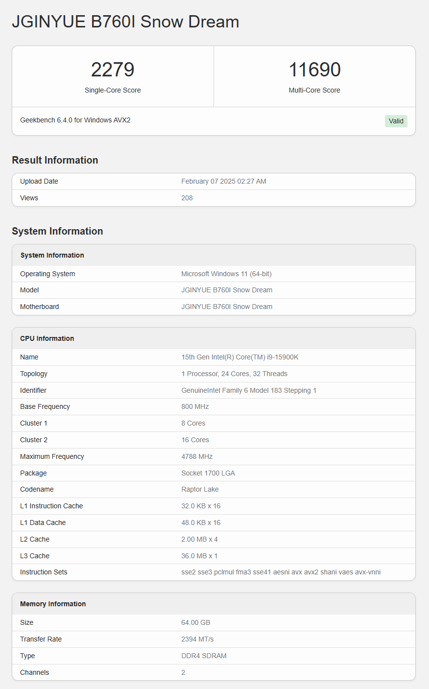 Core i9 15900K Geekbench