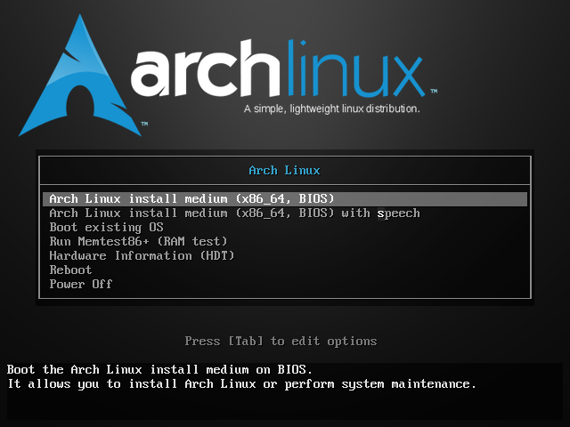 Arch Linux boot ekranı.