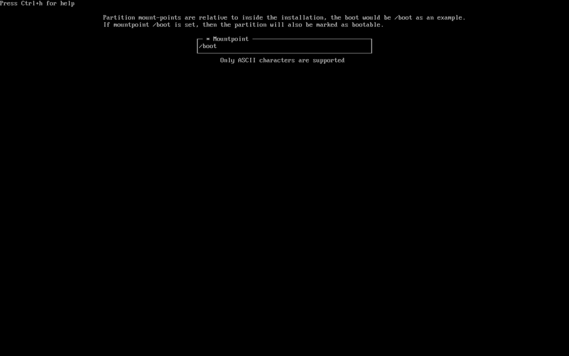 Archinstall aracında boot bölümünü bağlayacağınız dizin girme ekranı.