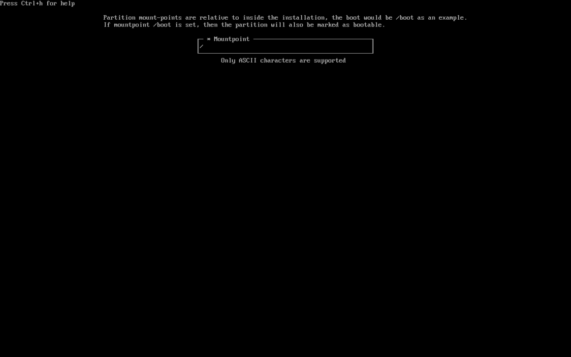 Archinstall aracında root dizininin bağlanacağı ekran.