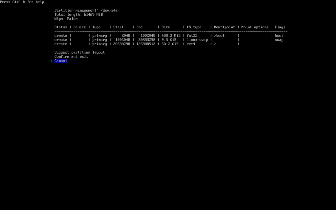 Archinstall aracında disk konfigürasyonunun ardından diskin son halini gösteren ekran.