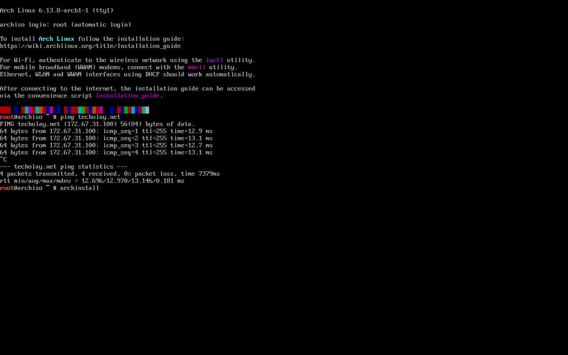 Live CD ortamında Arch Linux komut satırı.