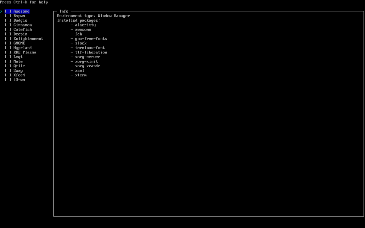 Arch Linux ile kullanabileceğiniz yaygın masaüstü ortamlarının listesi.