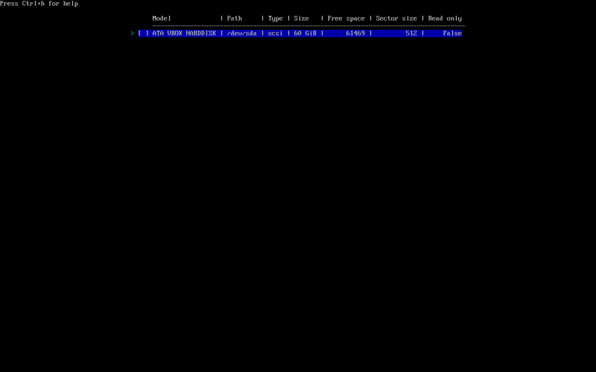 Archinstall aracındaki disk seçim ekranı.