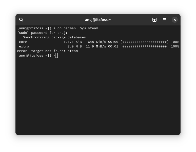 Arch Linux komut penceresi. Multilib kütüphanesi etkinleştirilmediği için steam paketi kurulamıyor.