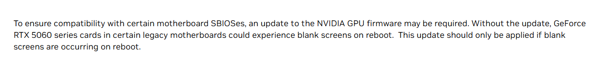 RTX 5060 serisi firmware güncellemesi