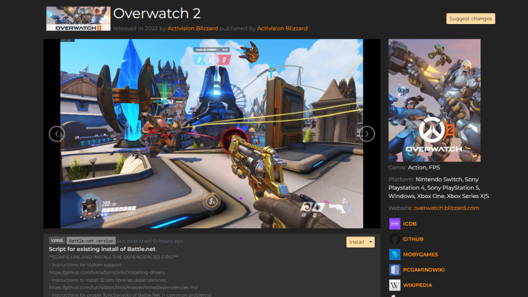 Lutris'te, Overwatch 2'nin oyun sayfası.