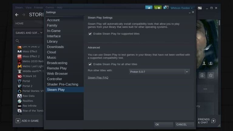 Steam'deki "Steam Play" ayarları.