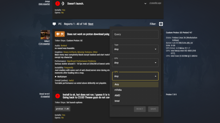 ProtonDB'de bir oyunun sayfası.