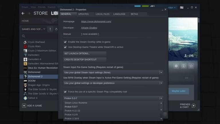 Steam arayüzündeki Proton sürüm seçim ekranı.