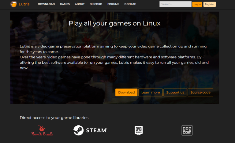 Linux'ta oyun oynamanıza yardımcı olan Lutris programının internet sitesi.