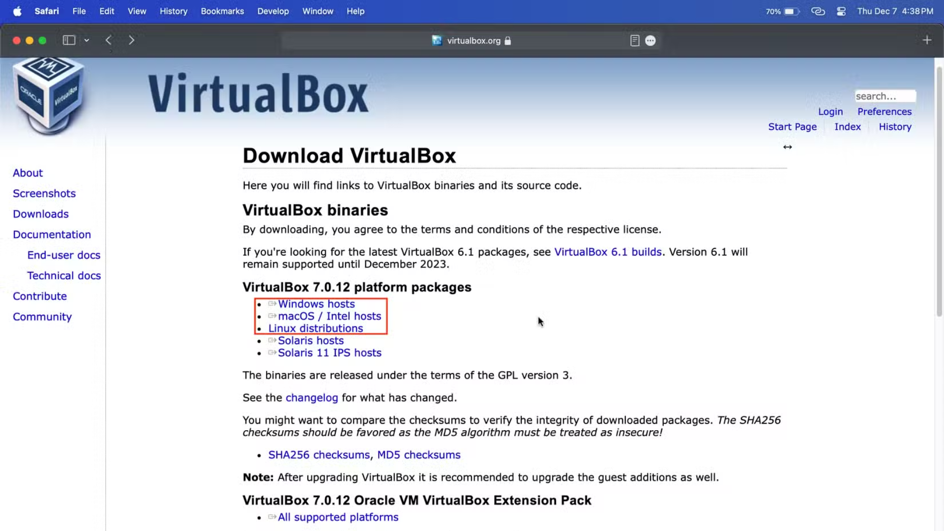 VirtualBox site görüntüsü