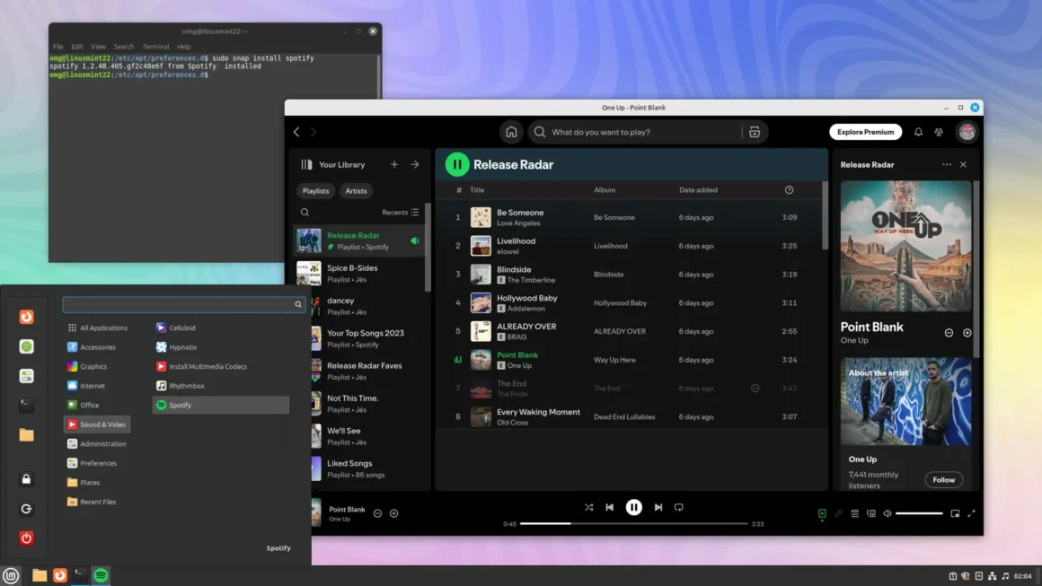 Linux Mint'te, Snap ile kurulmuş Spotify uygulaması.