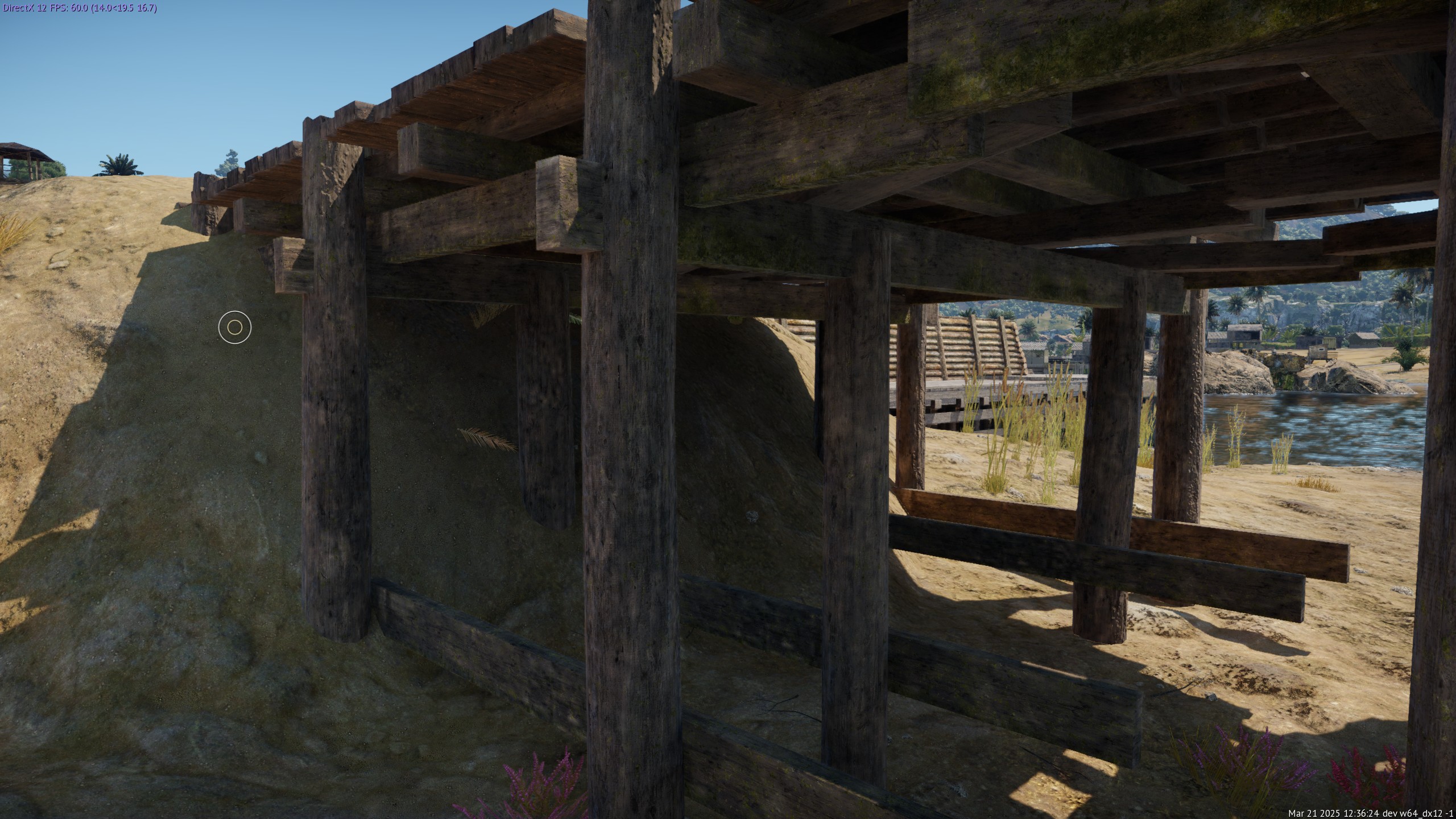 Sahilde ahşap köprü yapısı; ekranda DirectX 12 FPS: 60.0 yazıyor.