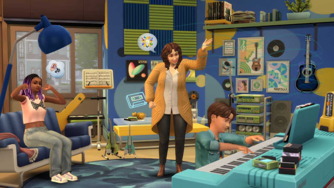 The Sims 4 Music Den Kit ile müzik odasında vakit geçiren Sim karakterleri