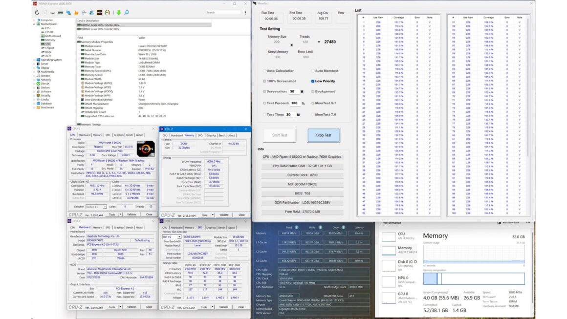 GIGABYTE anakartta CXMT tabanlı DDR5-8200 bellek testi