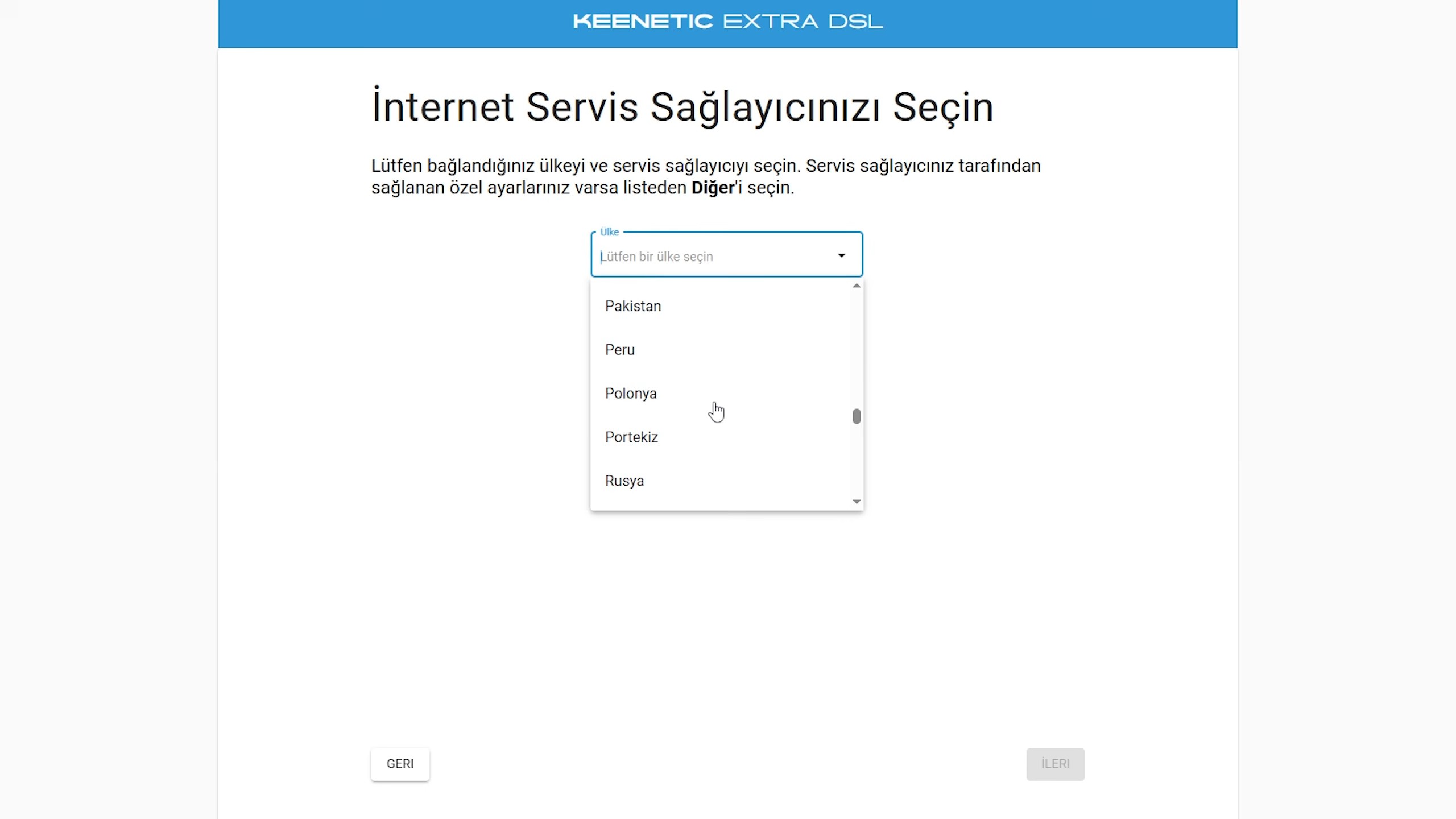 Keenetic internet servis sağlayıcısı seçim ekranı