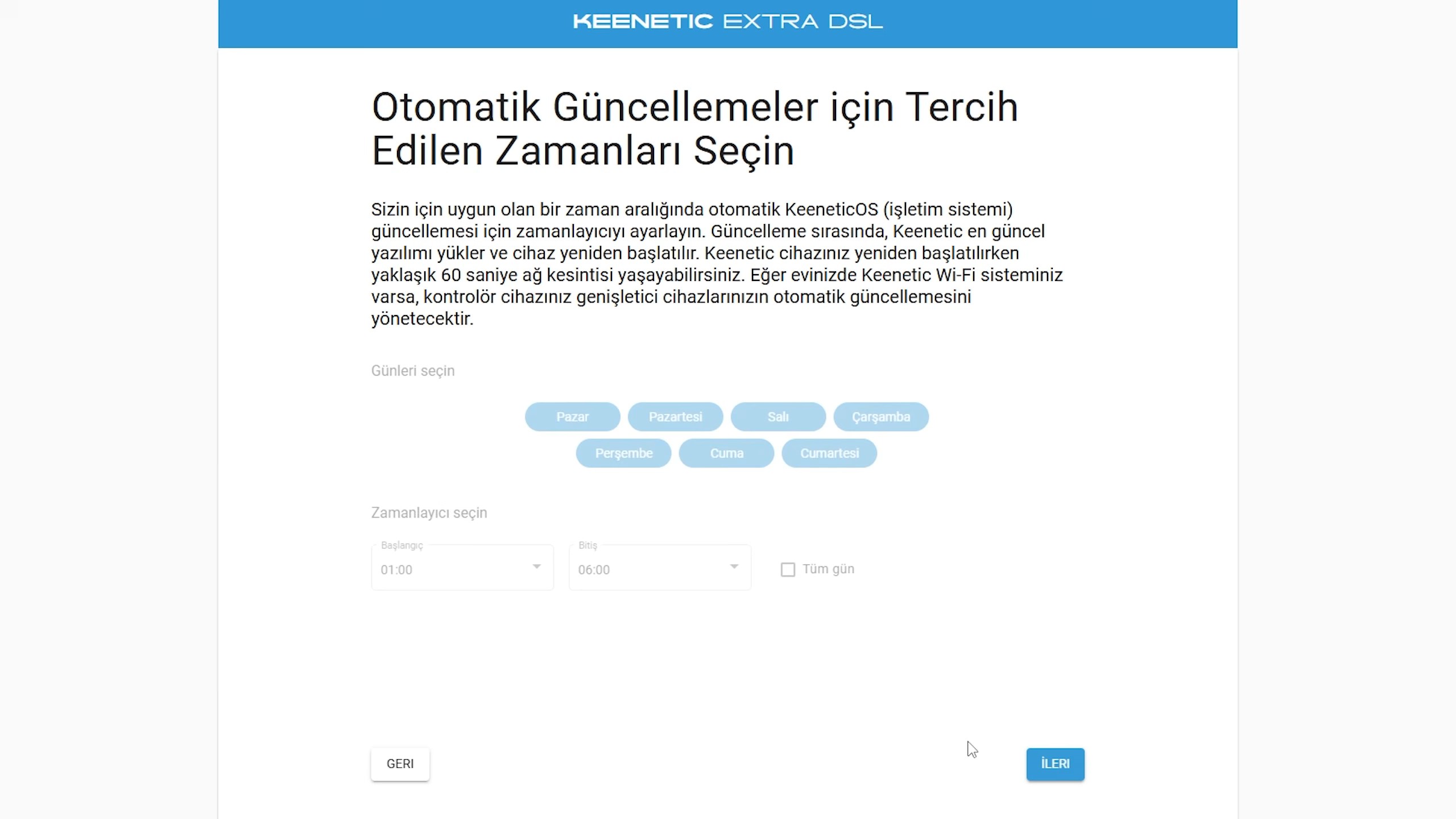 KeeneticOS otomatik güncelleme gün ve saat seçimi