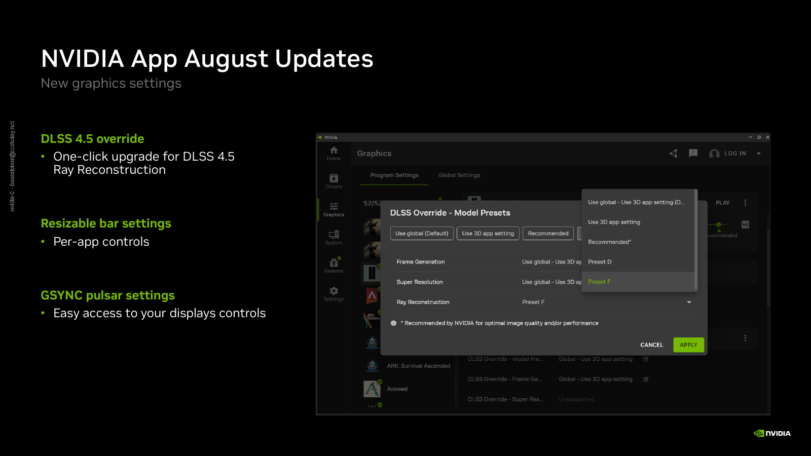 NVIDIA App içindeki DLSS Override model seçenekleri