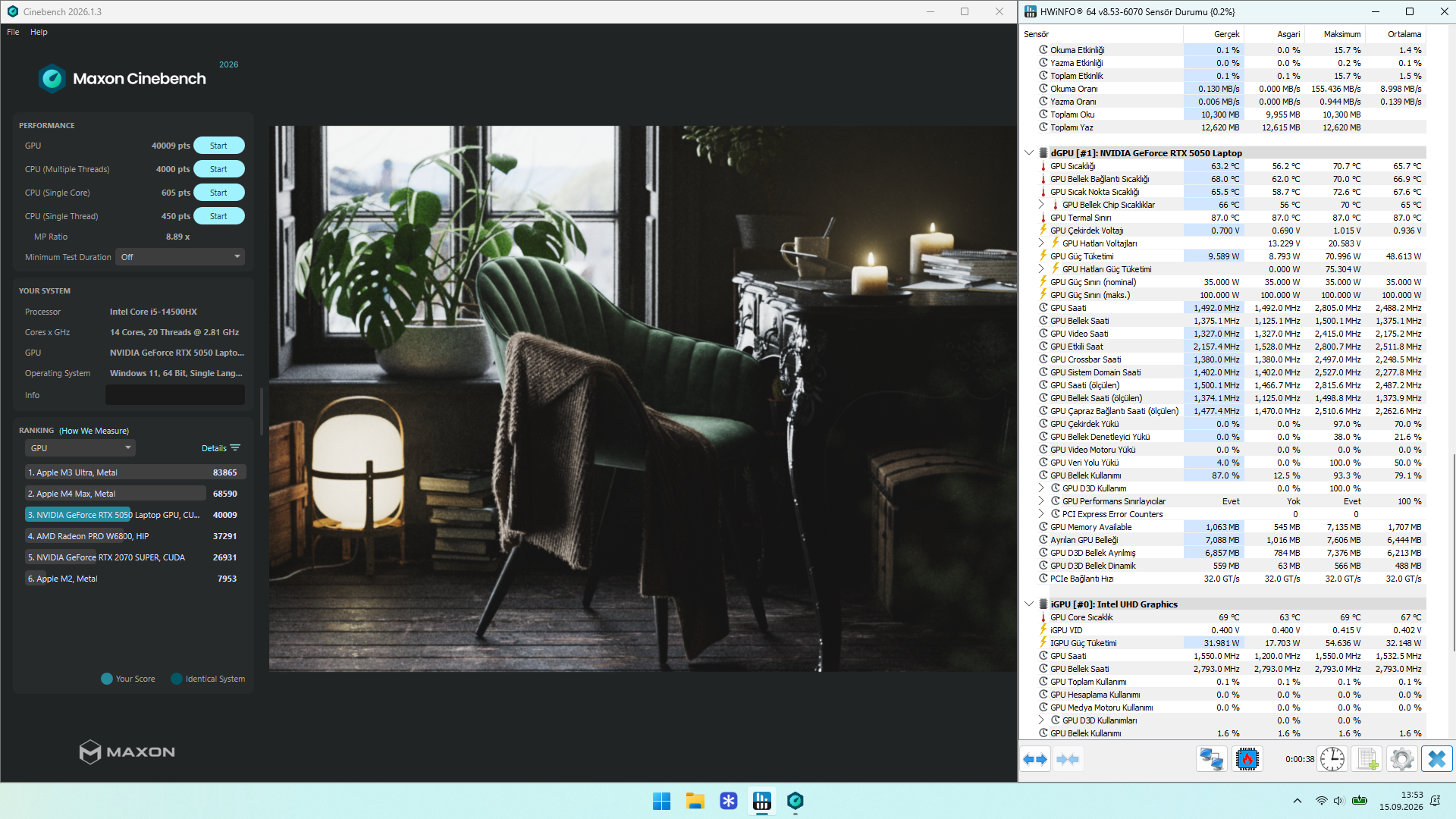 RTX 5050 Laptop GPU Cinebench 2026 test sonucu