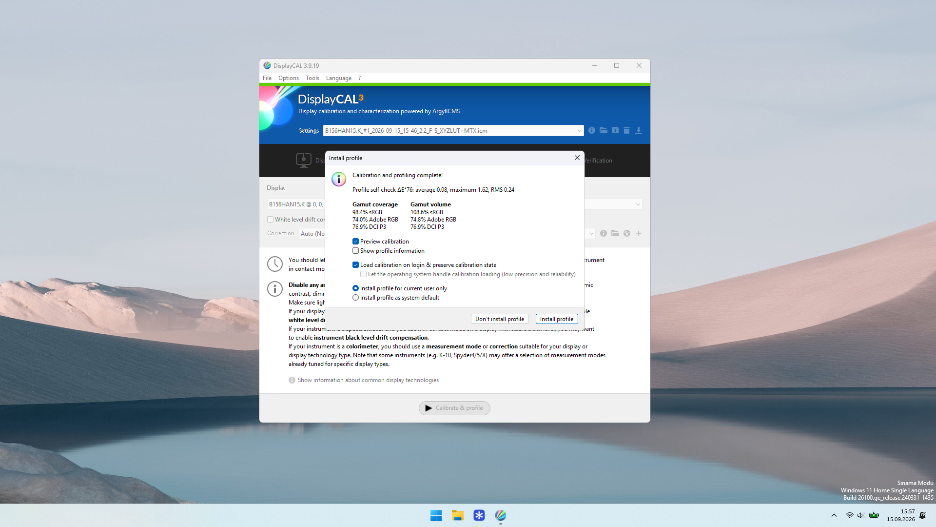Lenovo LOQ 15IRX10 DisplayCAL renk kapsamı ve profil kontrolü