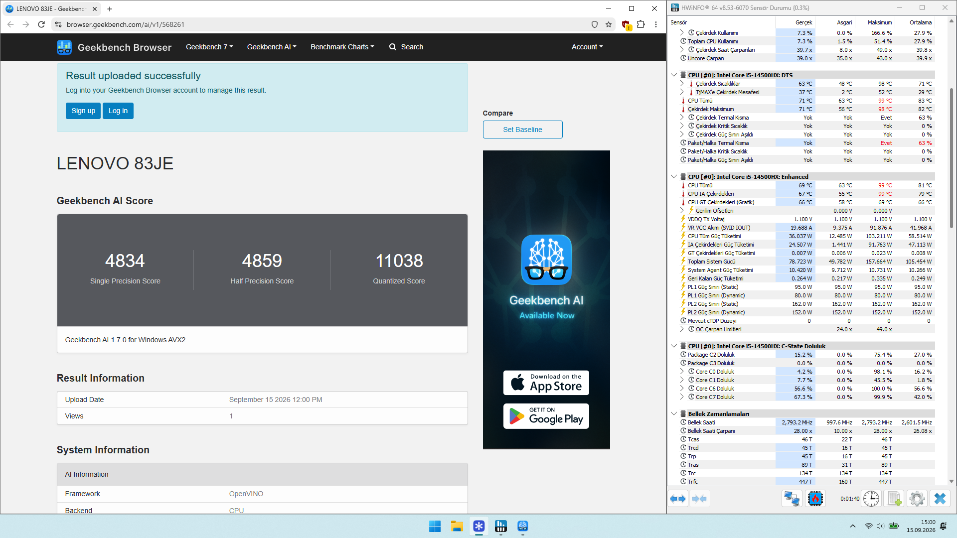 Core i5-14500HX Geekbench AI OpenVINO test sonucu