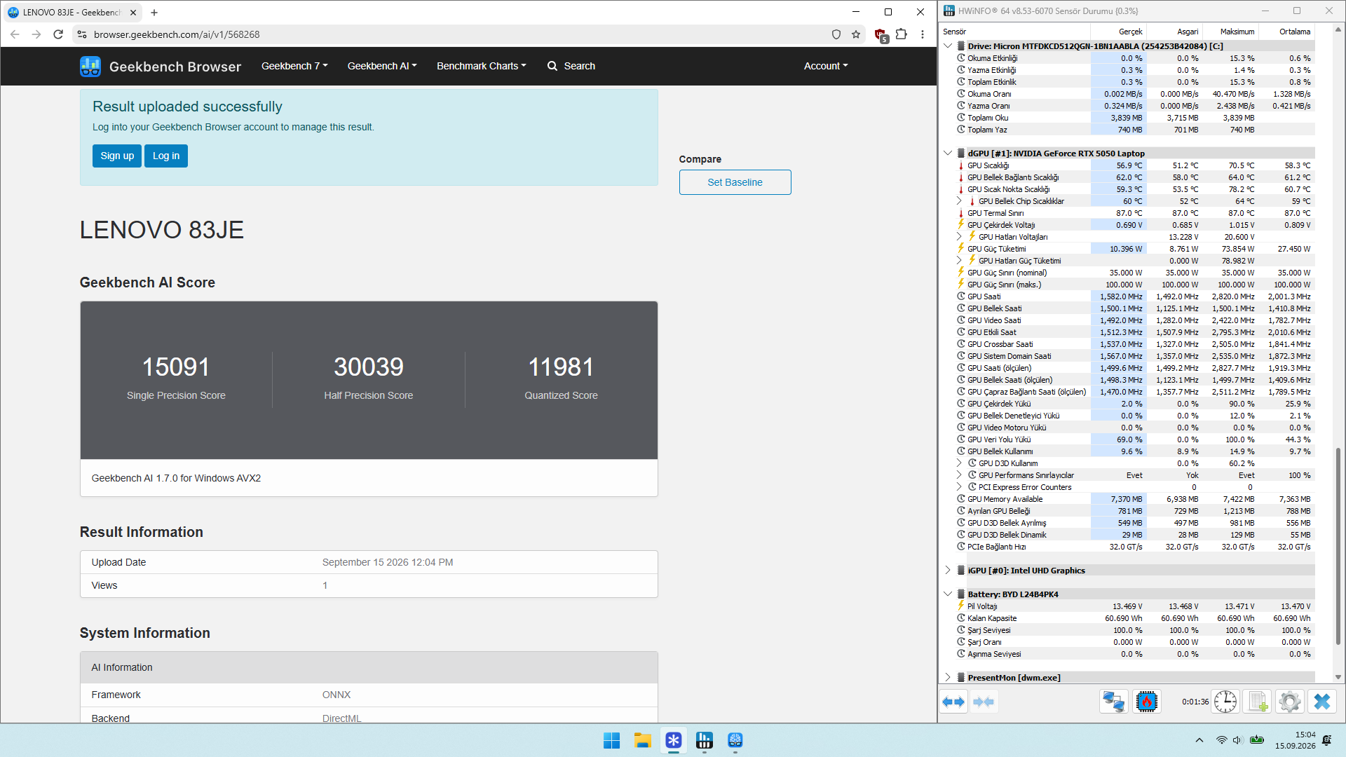 RTX 5050 Laptop GPU Geekbench AI DirectML test sonucu
