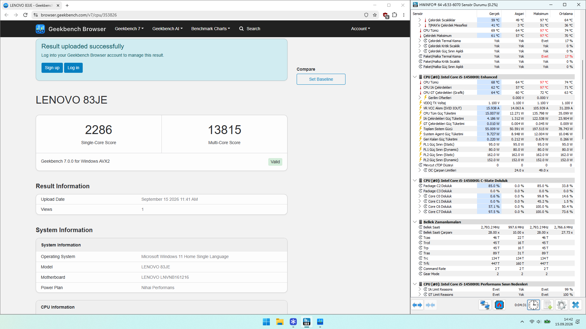 Lenovo LOQ 15IRX10 Geekbench 7 işlemci test sonucu