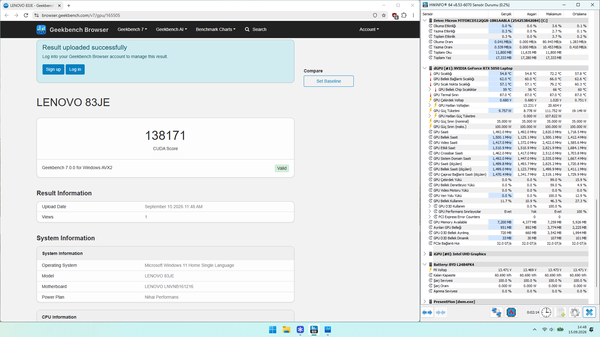 RTX 5050 Laptop GPU Geekbench 7 CUDA test sonucu