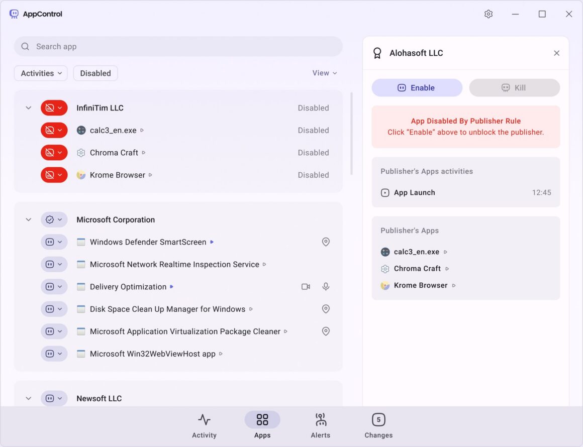 AppControl uygulama ve yayıncı engelleme ekranı