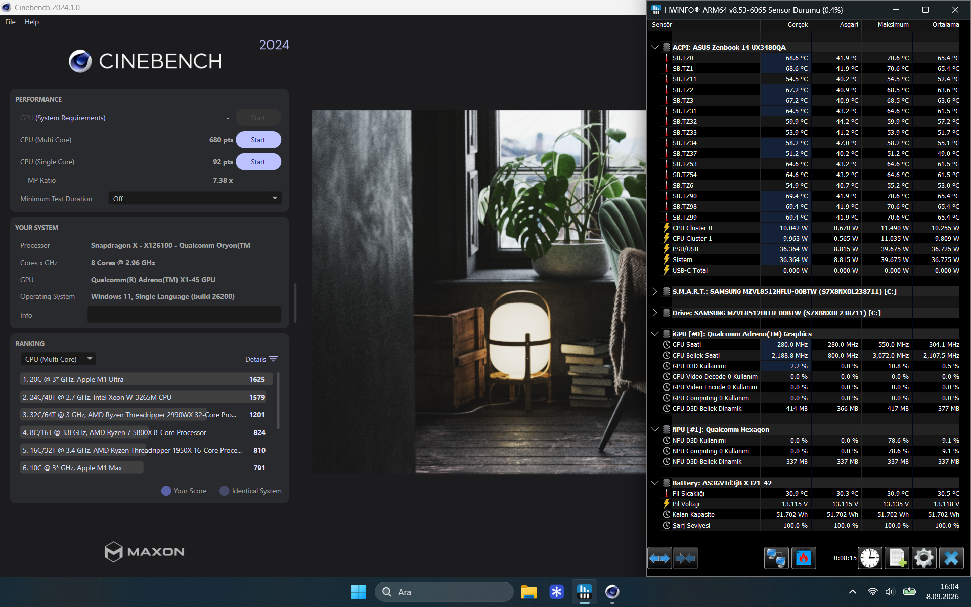 Cinebench 2024 çoklu çekirdek testinde 680 puan