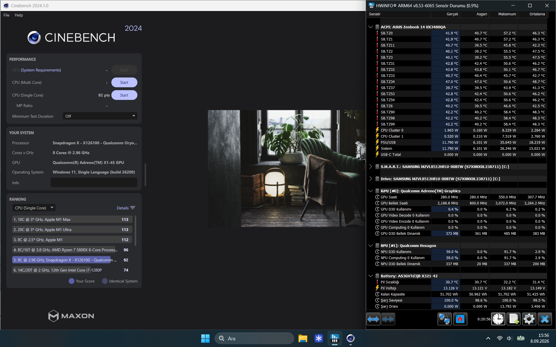 Cinebench 2024 tek çekirdek testinde 92 puan